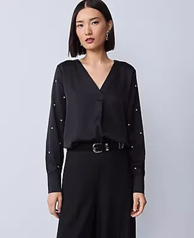 Ann Taylor Petite Pearl Embellished Mixed Media Top In Black