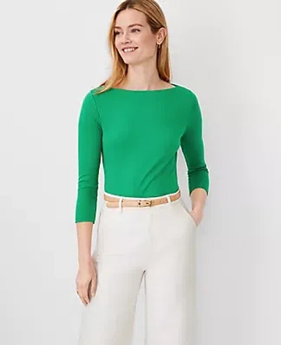 Ann Taylor Petite Pima Cotton 3/4 Sleeve Boatneck Tee In Grass Green