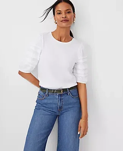 Ann Taylor Petite Pleated Puff Sleeve Top In White