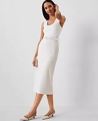 Ann Taylor Petite Pinstripe Belted Midi Pencil Skirt In Dusty Ivory Melange