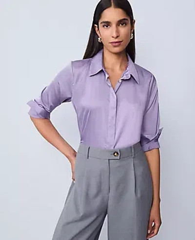 Ann Taylor Petite Pinstriped Satin Essential Shirt In Purple