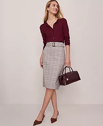 Ann Taylor Petite Plaid Belted Midi Pencil Skirt In Gray