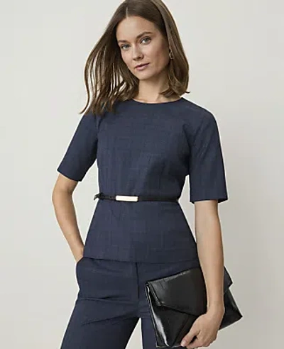 Ann Taylor Petite Plaid Crew Neck Peplum Top In Blue Combo Fancy Check