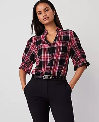 Ann Taylor Petite Plaid Ruffle Button Top In Black