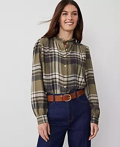 Ann Taylor Petite Plaid Ruffle Neck Flannel Shirt In Olive Multi