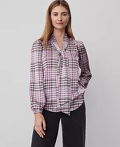 Ann Taylor Petite Plaid Tie V-neck Popover Top In Sunset Lavender