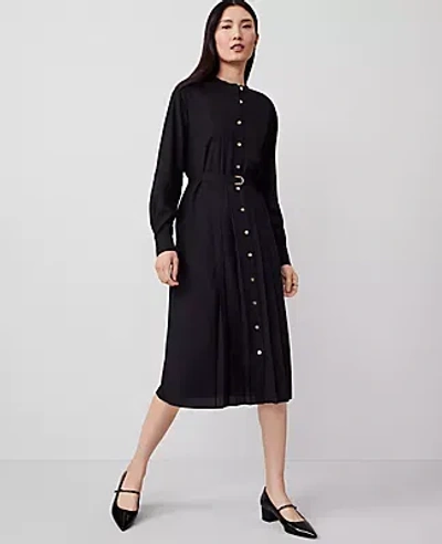 Ann Taylor Petite Pleated Belted Midi Shirtdress In Black