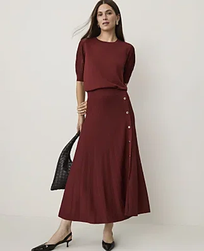 Ann Taylor Petite Pleated Button Midi Skirt In Rich Merlot