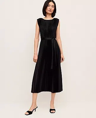 Ann Taylor Petite Pleated Satin Midi Dress In Black