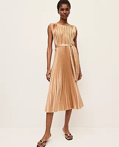 Ann Taylor Petite Pleated Satin Midi Dress In Brown