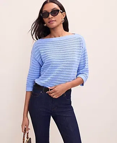 Ann Taylor Petite Pointelle Boatneck Sweater In Blue