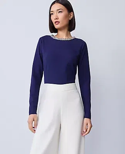 Ann Taylor Petite Ponte Embellished Crew Neck Top
