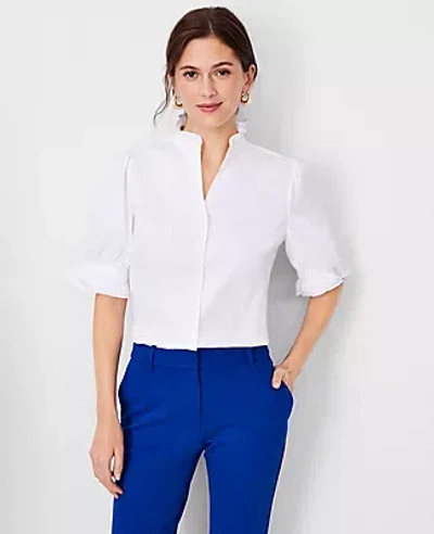 Ann Taylor Petite Poplin Ruffle Button Top In White