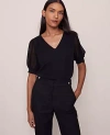 Ann Taylor Petite Puff Sleeve V-neck Popover Top In Black