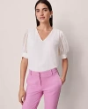 Ann Taylor Petite Puff Sleeve V-neck Popover Top In White
