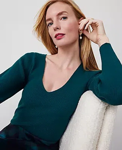 Ann Taylor Petite Puff-sleeve V-neck Sweater In Rainforest