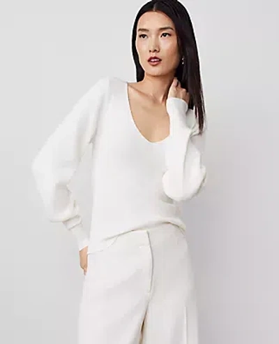 Ann Taylor Petite Puff-sleeve V-neck Sweater In Winter White