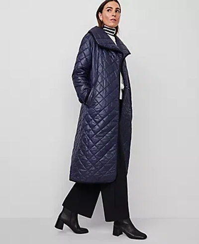 Ann Taylor Petite Quilted Drape Collar Belted Puffer Coat In Night Sky