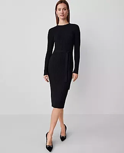 Ann Taylor Petite Ribbed Belted Column Sweater Dress In Black