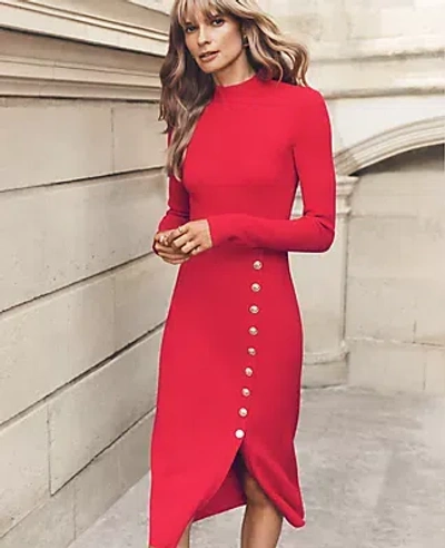 Ann Taylor Petite Ribbed Button Sweater Dress In Red