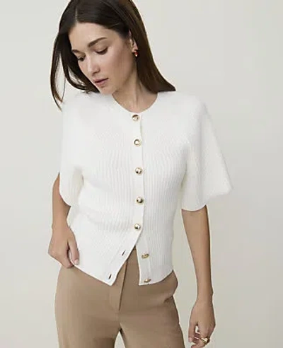Ann Taylor Petite Ribbed Crew Neck Cardigan In Winter White
