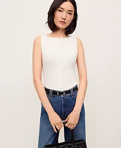 Ann Taylor Petite Ribbed Sleeveless Button Top In White