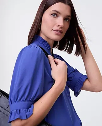 Ann Taylor Petite Ruffle Collar Blouse In Blue