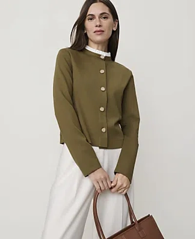 Ann Taylor Petite Ruffle Collar Knit Jacket In Olive Sprig