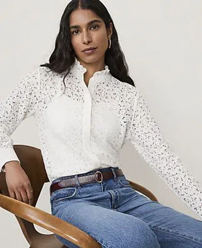Ann Taylor Petite Ruffle Collar Lace Blouse In Winter White