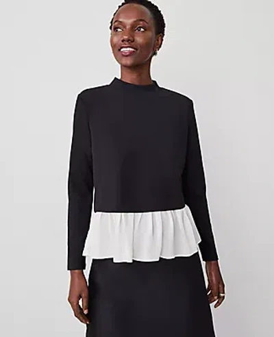 Ann Taylor Petite Ruffle Hem Mixed Media Top In Black