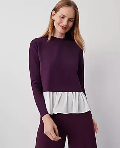 Ann Taylor Petite Ruffle Hem Mixed Media Top In Purple Moon