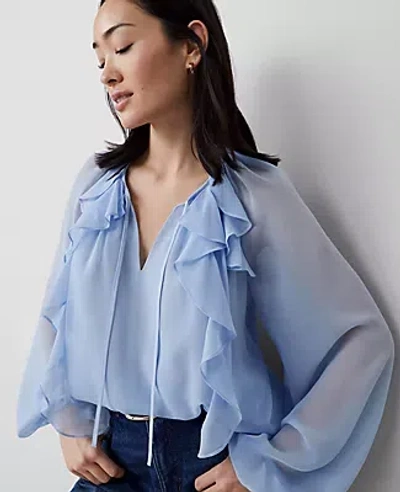 Ann Taylor Petite Ruffle Tie-neck Popover Top In Serenity