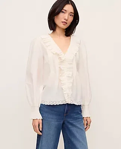 Ann Taylor Petite Ruffle Trim Blouse In White