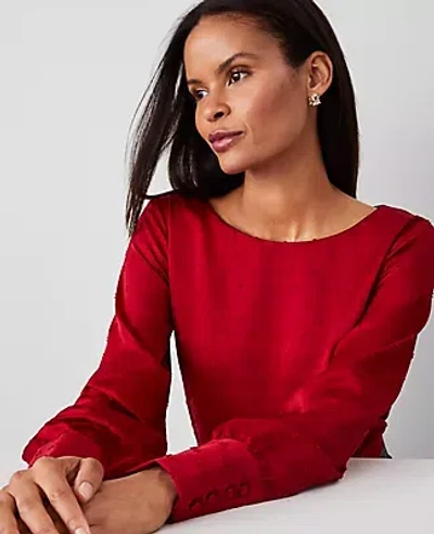 Ann Taylor Petite Satin Clip Crew Neck Blouse In Gingham Red