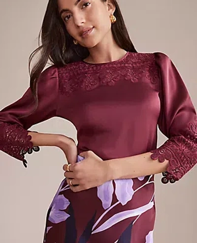 Ann Taylor Petite Satin Lace Trim Top In Burgundy