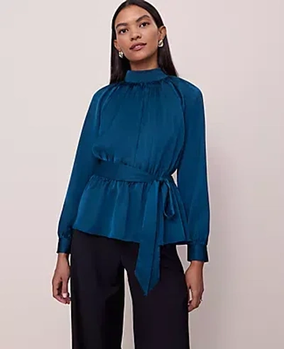 Ann Taylor Petite Satin Tie Waist Blouse In Gray