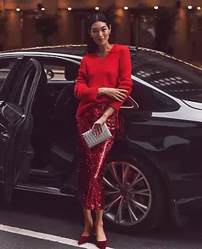 Ann Taylor Petite Sequin Column Midi Skirt In Gingham Red