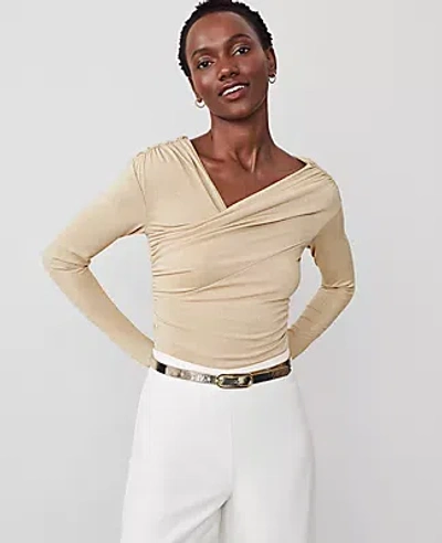 Ann Taylor Petite Shimmer Asymmetric Ruched Top In Neutral Metallic