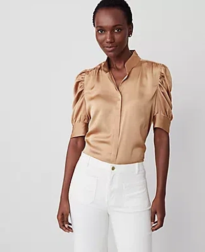 Ann Taylor Petite Shirred Puff Sleeve Top In Perfect Camel