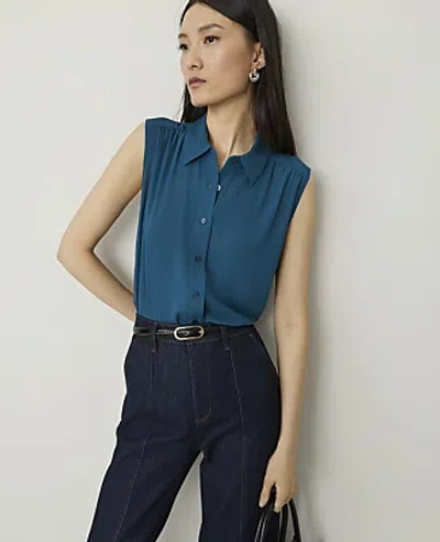 Ann Taylor Petite Shirred Sleeveless Shirt In Blue