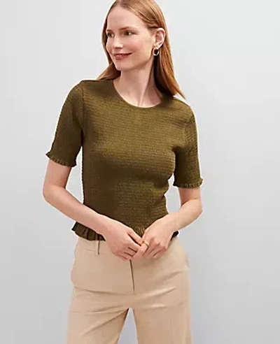 Ann Taylor Petite Smocked Ruffle Trimmed Top In Green
