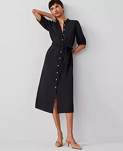 Ann Taylor Petite Stand Collar Belted Midi Shirtdress In Black