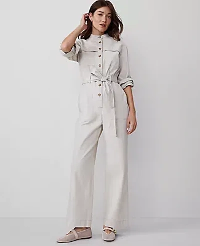 Ann Taylor Petite Stand Collar Utility Jumpsuit In Tahini