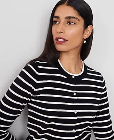 Ann Taylor Petite Stripe Ann Cardigan In Black