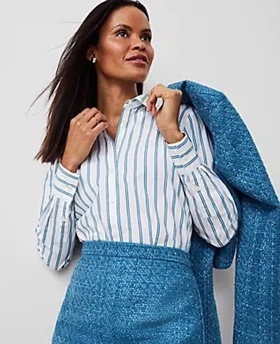 Ann Taylor Petite Stripe Relaxed Perfect Shirt In Gulf Blue