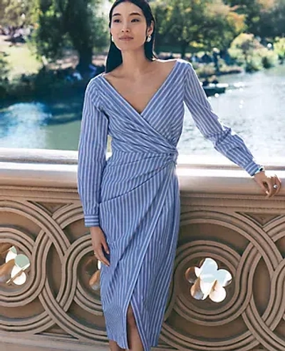 Ann Taylor Petite Striped Asymmetric Shirtdress In Colony Blue
