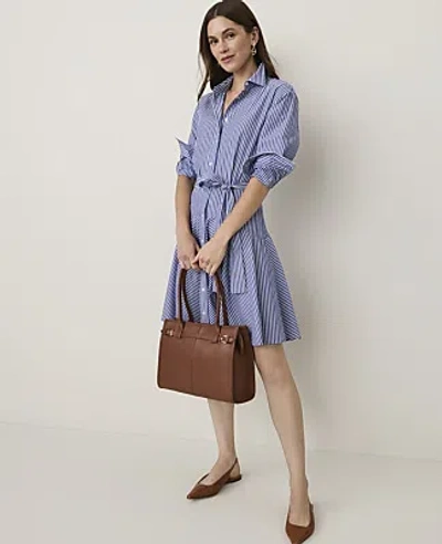 Ann Taylor Petite Striped Belted Collared Shirtdress In Blue Stripe