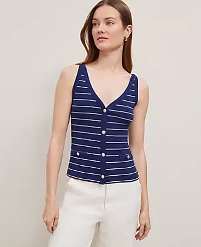 Ann Taylor Petite Striped Button V-neck Tank Top In Blue