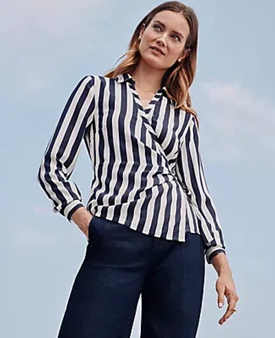 Ann Taylor Petite Striped Collared Wrap Blouse In Night Sky