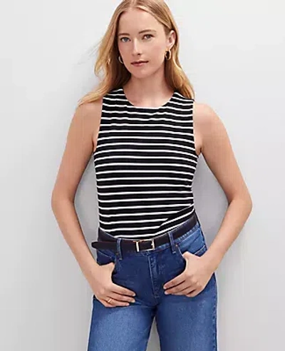 Ann Taylor Petite Striped Crew Neck Shell Top In Black